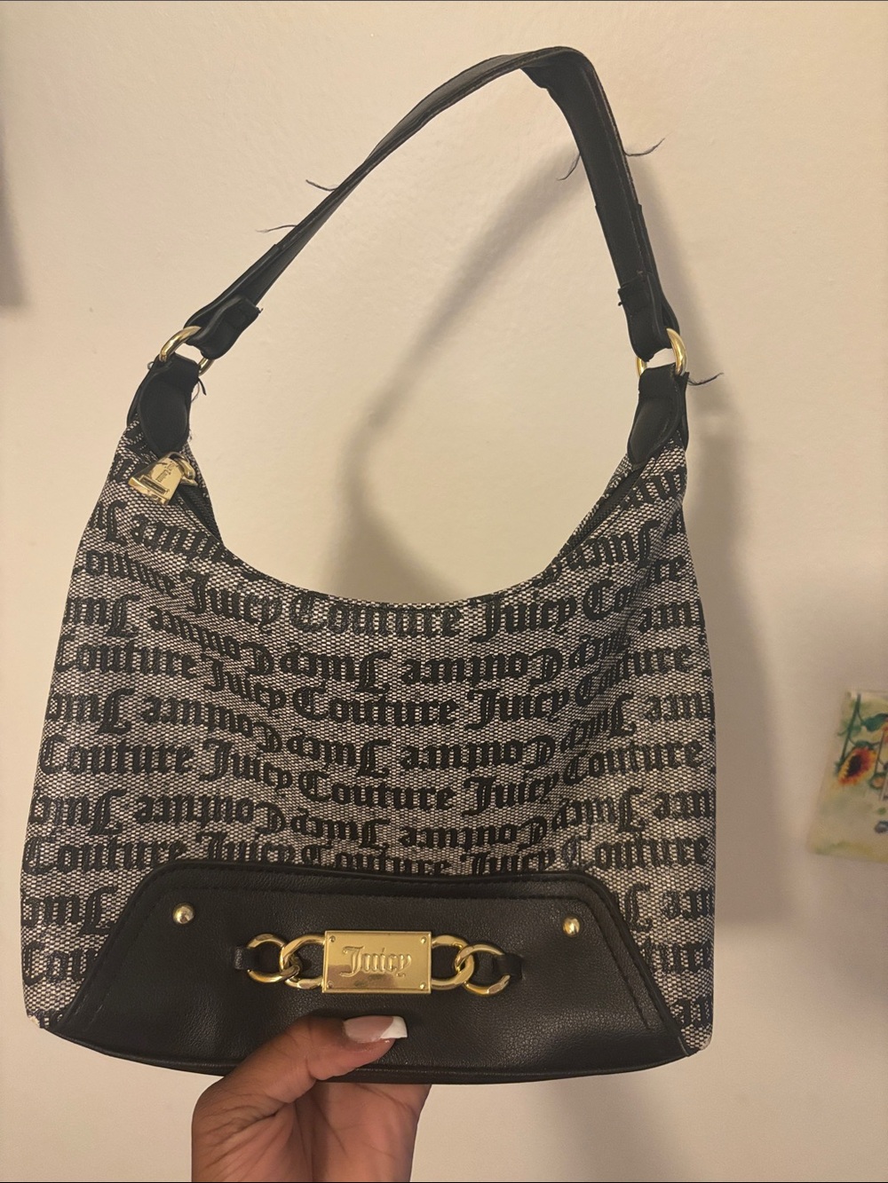 Juicy Couture Black and Cream Logo Hobo Shoulder Bag